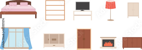 Home Furniture Vector Set with Bed, Wardrobe, Sofa, Lamp, TV Stand and Interior Elements
