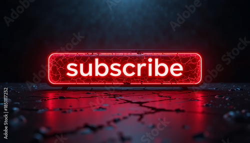 Sleek tech-style subscribe button with radiant red illumination and clean 3D typography on black.