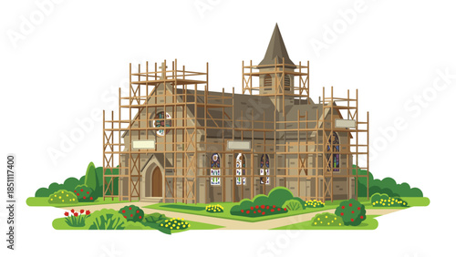 Church building undergoing construction with scaffolding and renovation work