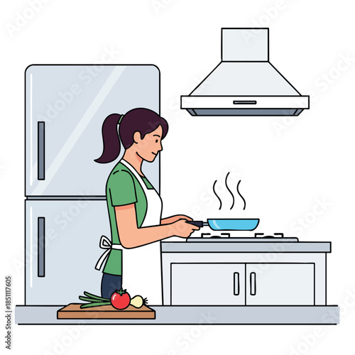 A person cooks in a kitchen, using a pan over a stove with ingredients