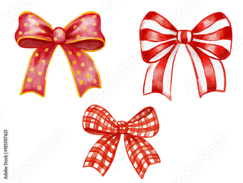 Watercolor red Christmas bows set with polka dot, striped, and gingham ribbon designs. Festive holiday bow elements isolated on transparent background for gifts, cards, and decor.