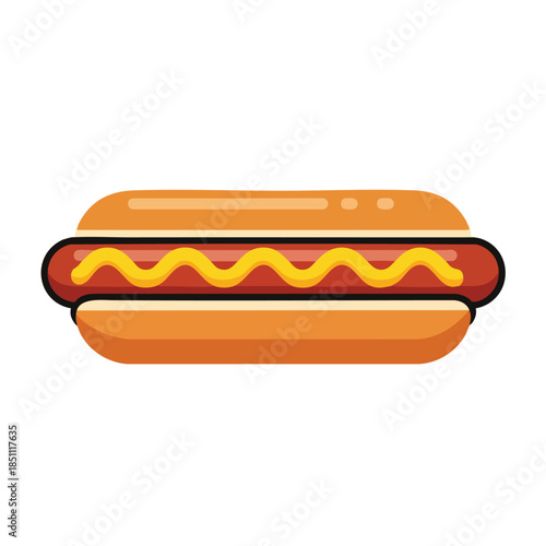 Flat, vector illustration of a hot dog on a white background, mustard