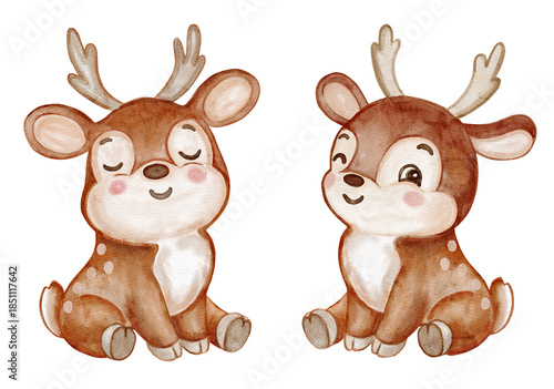 Watercolor cute baby reindeer pair sitting and smiling. Adorable Christmas animal illustration isolated on transparent background for kids designs, holiday cards, nursery decor, and winter themes.