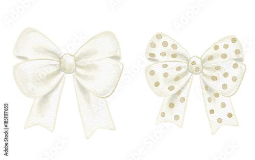 Watercolor white bows set with classic and polka dot ribbon styles. Elegant festive bow decorations isolated on transparent background, perfect for wedding, Christmas, and winter designs.