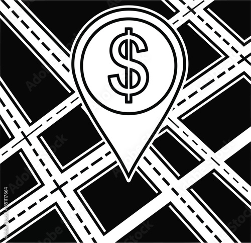 Finding financial opportunities: a dollar sign on a map location pin icon