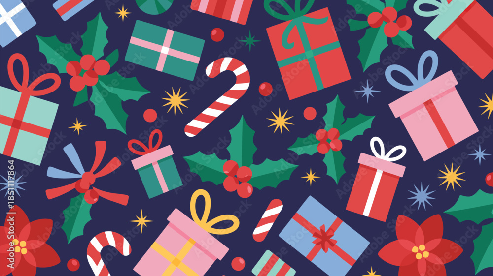 Fototapeta premium A festive seamless pattern features colorful Christmas gifts holly and candy canes on a dark blue surface