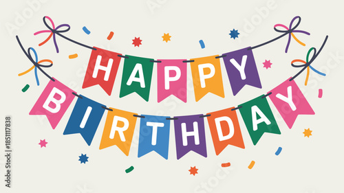 A festive Happy Birthday banner with vibrant colored pennants and a lively scattering of stars and confetti particles