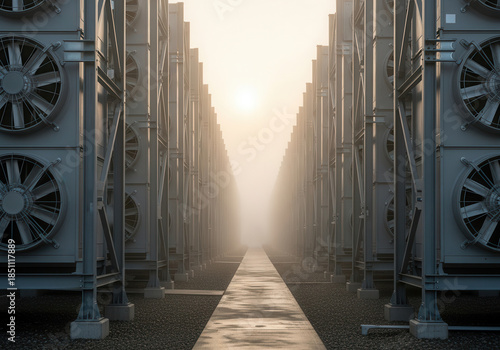 Industrial cooling fan corridor at sunrise