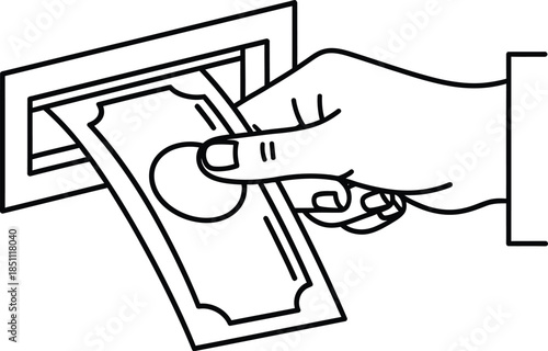 Hand inserting or withdrawing a banknote from a cash machine slot, line art illustration
