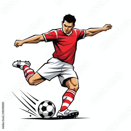 A stylized football player in action kicking a ball, red and white attire