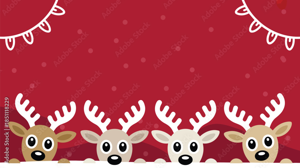 Obraz premium Adorable reindeer characters with white antlers appear from a snowy ground on a festive red backdrop