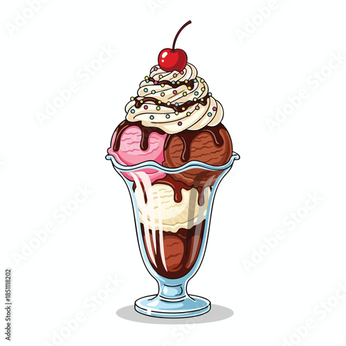 A sundae with three ice cream flavors, topped with whipped cream, sprinkles, and a cherry