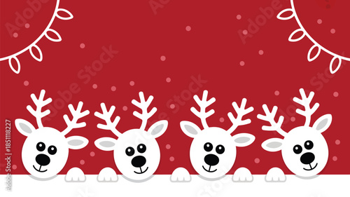 Adorable white cartoon reindeer with white antlers peeking over a snowy ledge on a red festive background