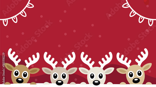 Adorable reindeer characters with white antlers appear from a snowy ground on a festive red backdrop