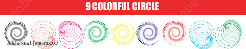 A collection of nine colorful abstract spiral circle vector graphics on a white background with a red banner.
