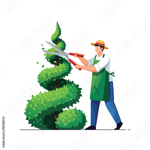 A gardener trims a topiary with shears, forming a swirling, leafy shape