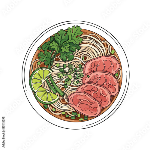 Colorful illustration of a bowl with broth, noodles, meat, herbs, and lime