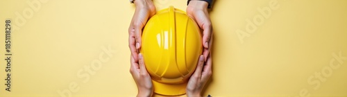 Yellow safety helmet on workplace desk