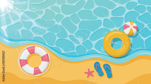 Bright sunny beach scene with clear blue ocean water and beach accessories under shining sunbeams