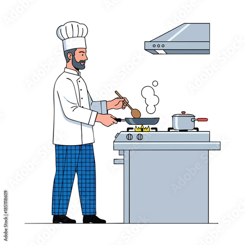 A chef wearing a toque cooks on a stove with a pot and hood above