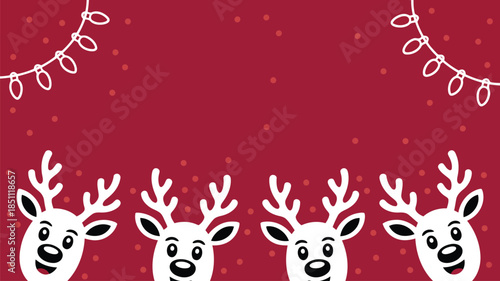 Cheerful white cartoon reindeer smiling with white antlers peeking on a bright red holiday background
