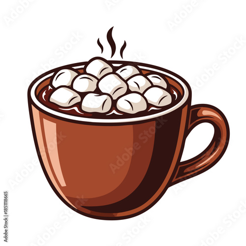 A warm, brown cup of hot chocolate topped with fluffy marshmallows, steam rising