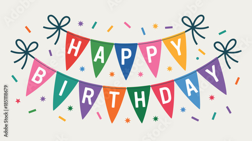 Colorful Happy Birthday pennant banner with bright flags and decorative confetti on a light beige background