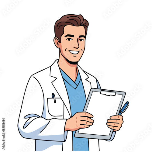 A smiling man in a lab coat holds a clipboard and pen. Vector illustration on white