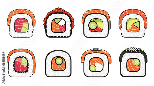 Assorted Sushi Roll Varieties Arrangement for Culinary Presentation