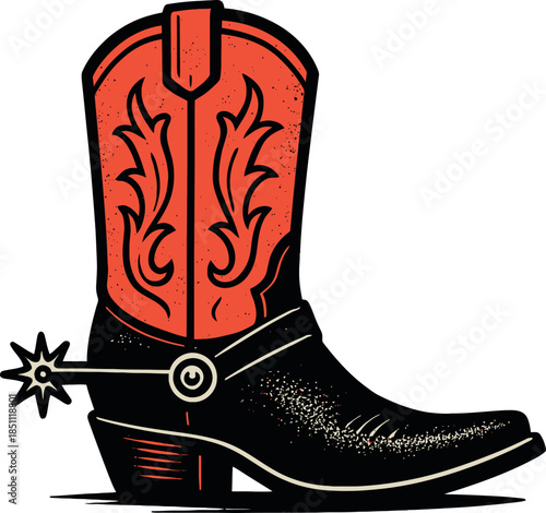 Red Cowboy Boot Spur Western Vintage Rodeo Art