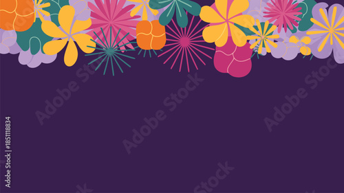 Diverse colorful stylized flowers and leaves create a rich decorative border on a deep violet background