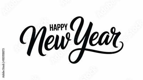 Elegant black script lettering of Happy New Year against a clean white background creates a festive message