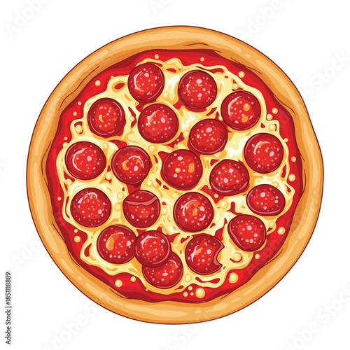 Top-down view of a pepperoni pizza with a golden crust on a white background