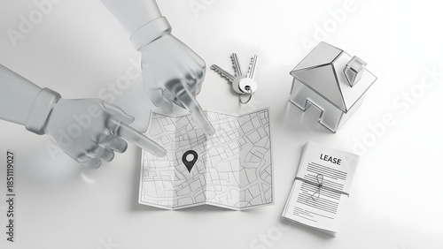 An AI agent seals a property deal, with keys, a map, a tiny house model, and a lease document.