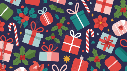 Festive seamless Christmas pattern featuring wrapped gifts, holly, candy canes, poinsettias, and decorative stars