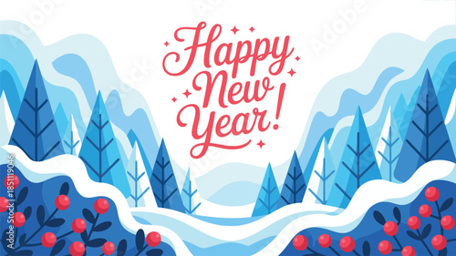 Flat design winter landscape with trees, snow, berries, and a festive Happy New Year greeting