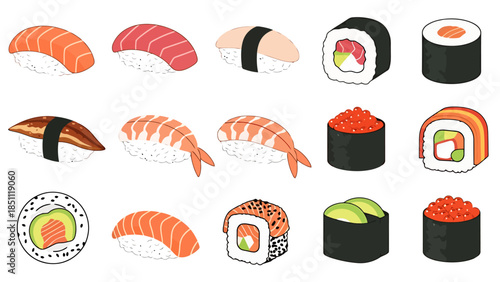 Assorted Sushi Platter with Various Types of Fresh Sushi Rolls and Nigiri