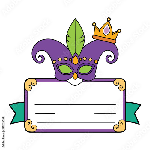 A vibrant Mardi Gras party invitation bursting with purple, green, and gold, featuring masks, beads, confetti, and festive flair, inviting guests to celebrate music, dance, and joy.
