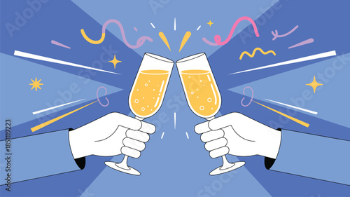 Hands raise golden champagne glasses in a joyful toast surrounded by vibrant confetti and stars