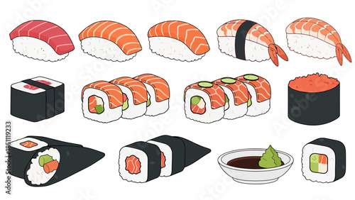 Variety of Sushi Rolls and Nigiri with Fresh Ingredients and Condiments