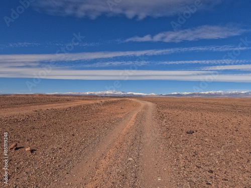 Dirt road in the desert under a blue sky with layered clouds