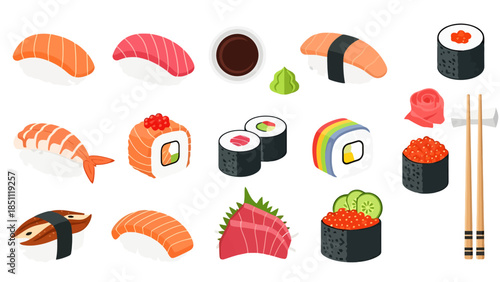 Fresh Sushi Collection with Various Types and Ingredients for Culinary and Food Presentation
