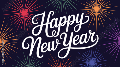 Happy New Year elegant script white text surrounded by colorful radiating starburst elements on a dark background