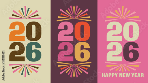 Modern colorful 2026 year design in three distinct palette variations with radiating patterns and no text