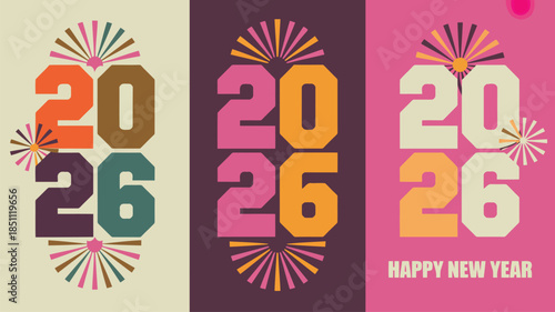 Modern 2026 Happy New Year greeting card designs with diverse color schemes and dynamic starbursts