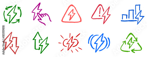 Lightning Electricity Related Icons Crayon Chalk Drawing Doodle Vector Set