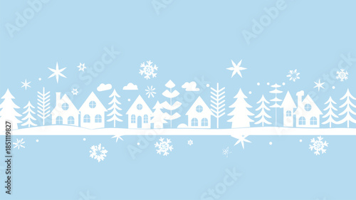 Seamless white winter village silhouette border with homes and snowy trees on a light blue sky with falling snowflakes