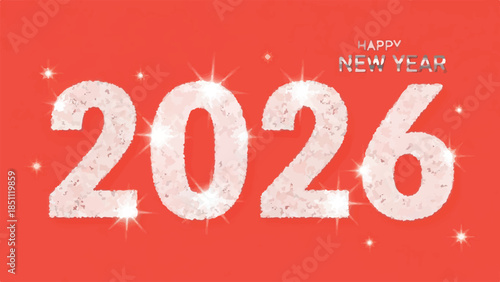 Sparkling 'Happy New Year 2026' greeting on red background with glowing stars