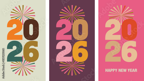 Three colorful vertical panels display the year 2026 with celebratory fan burst designs and New Year greetings