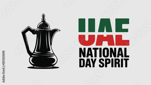 Traditional black Dallah Arabian coffee pot paired with UAE National Day Spirit text on a light background